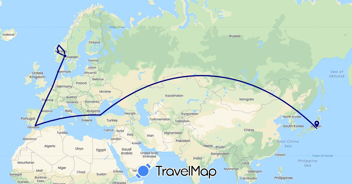 TravelMap itinerary: driving in Belgium, Spain, Japan, Norway, Turkey (Asia, Europe)